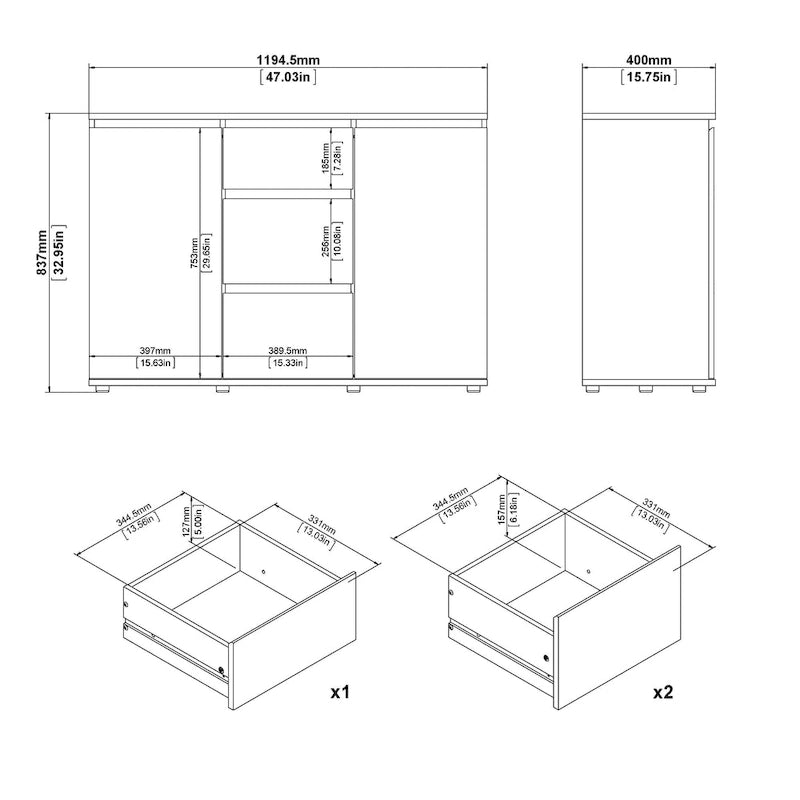 Bahut blanc moderne avec 2 portes, 3 tiroirs et étagères réglables