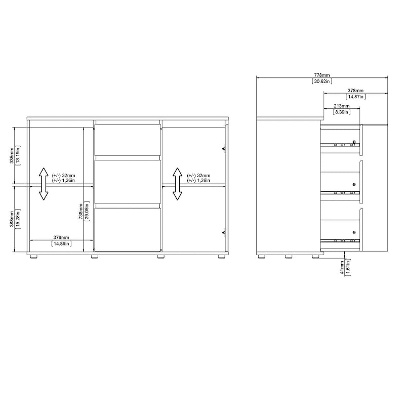 Bahut blanc moderne avec 2 portes, 3 tiroirs et étagères réglables