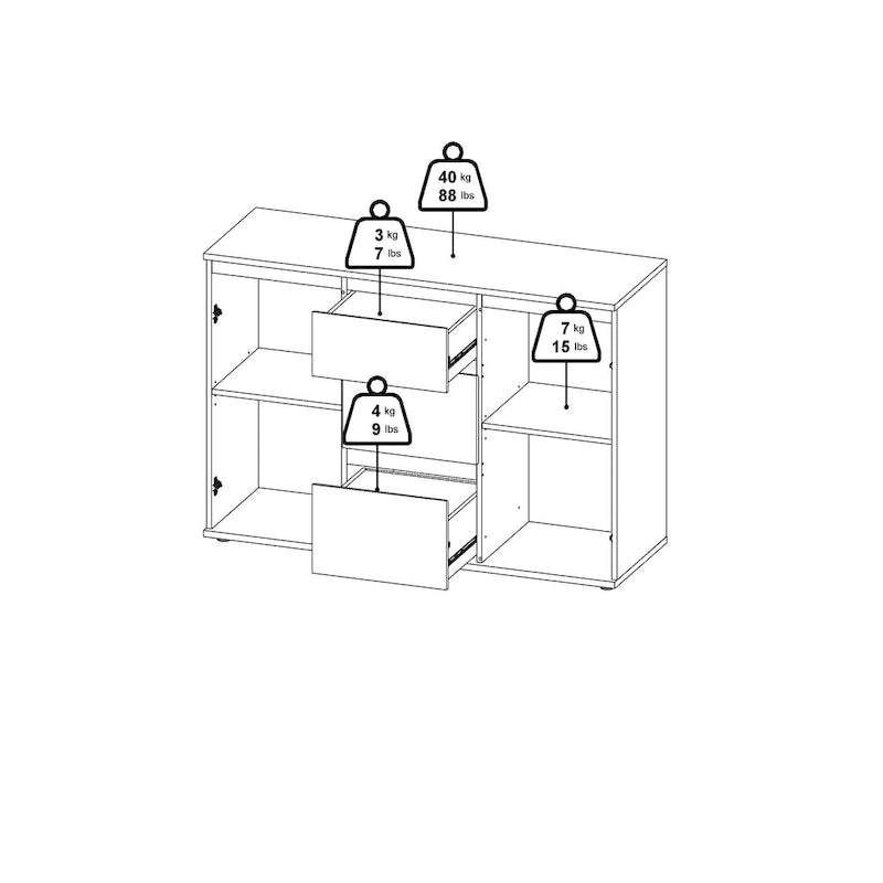 Bahut blanc moderne avec 2 portes, 3 tiroirs et étagères réglables