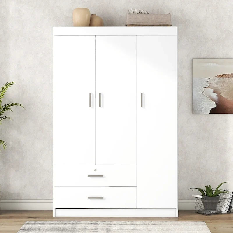 Armoire 3 portes avec 2 tiroirs, étagères et penderie – MDF blanc