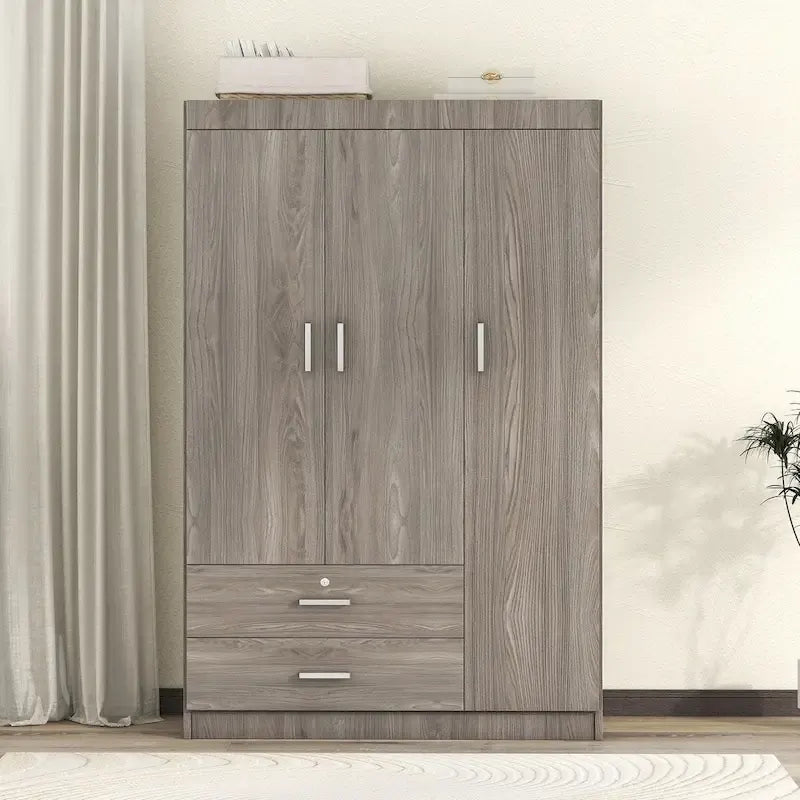 Armoire 3 portes avec 2 tiroirs, étagères et penderie – MDF blanc
