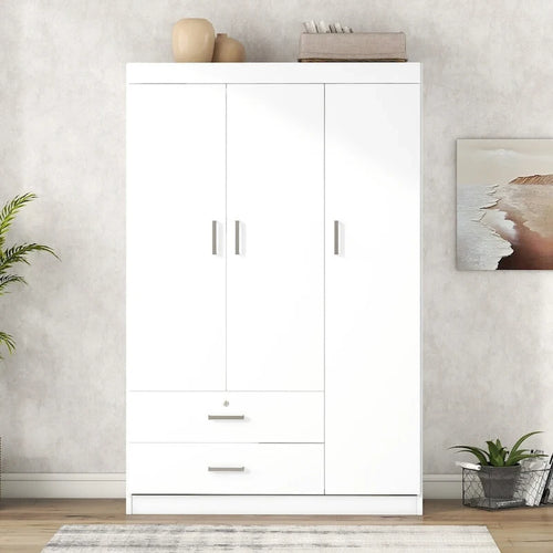 Armoire 3 portes avec 2 tiroirs, étagères et penderie – MDF blanc