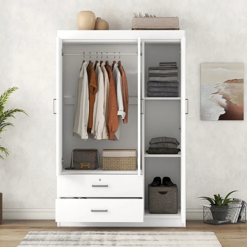 Armoire 3 portes avec 2 tiroirs, étagères et penderie – MDF blanc