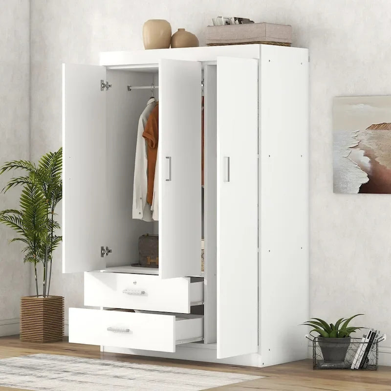 Armoire 3 portes avec 2 tiroirs, étagères et penderie – MDF blanc