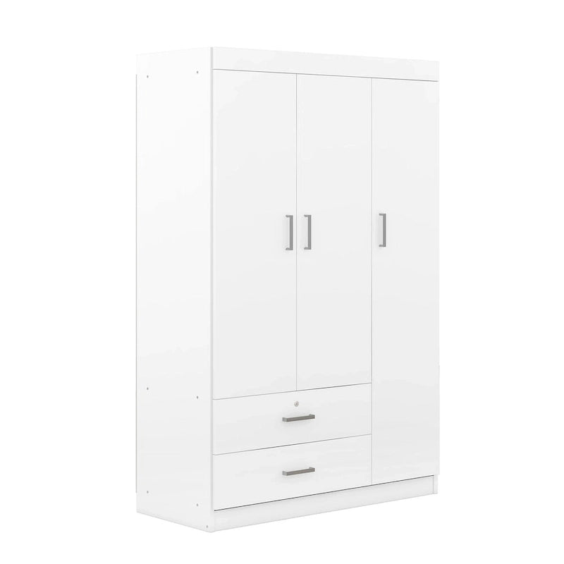 Armoire 3 portes avec 2 tiroirs, étagères et penderie – MDF blanc