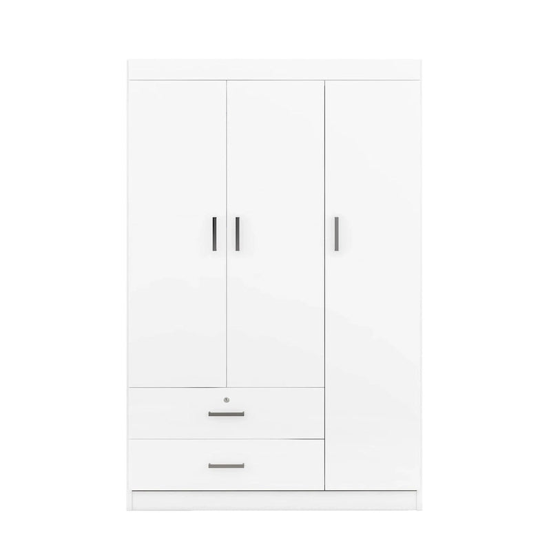 Armoire 3 portes avec 2 tiroirs, étagères et penderie – MDF blanc