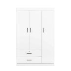 Armoire 3 portes avec 2 tiroirs, étagères et penderie – MDF blanc