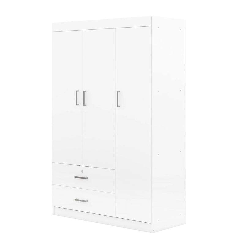 Armoire 3 portes avec 2 tiroirs, étagères et penderie – MDF blanc