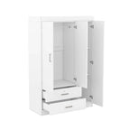 Armoire 3 portes avec 2 tiroirs, étagères et penderie – MDF blanc