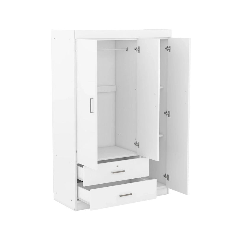 Armoire 3 portes avec 2 tiroirs, étagères et penderie – MDF blanc