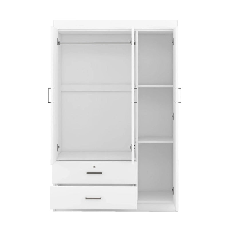Armoire 3 portes avec 2 tiroirs, étagères et penderie – MDF blanc