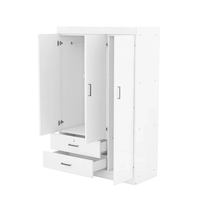 Armoire 3 portes avec 2 tiroirs, étagères et penderie – MDF blanc