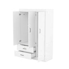 Armoire 3 portes avec 2 tiroirs, étagères et penderie – MDF blanc