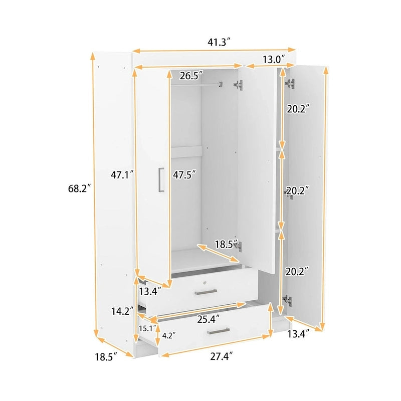 Armoire 3 portes avec 2 tiroirs, étagères et penderie – MDF blanc