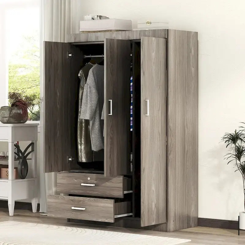 Armoire 3 portes avec 2 tiroirs, étagères et penderie – MDF blanc