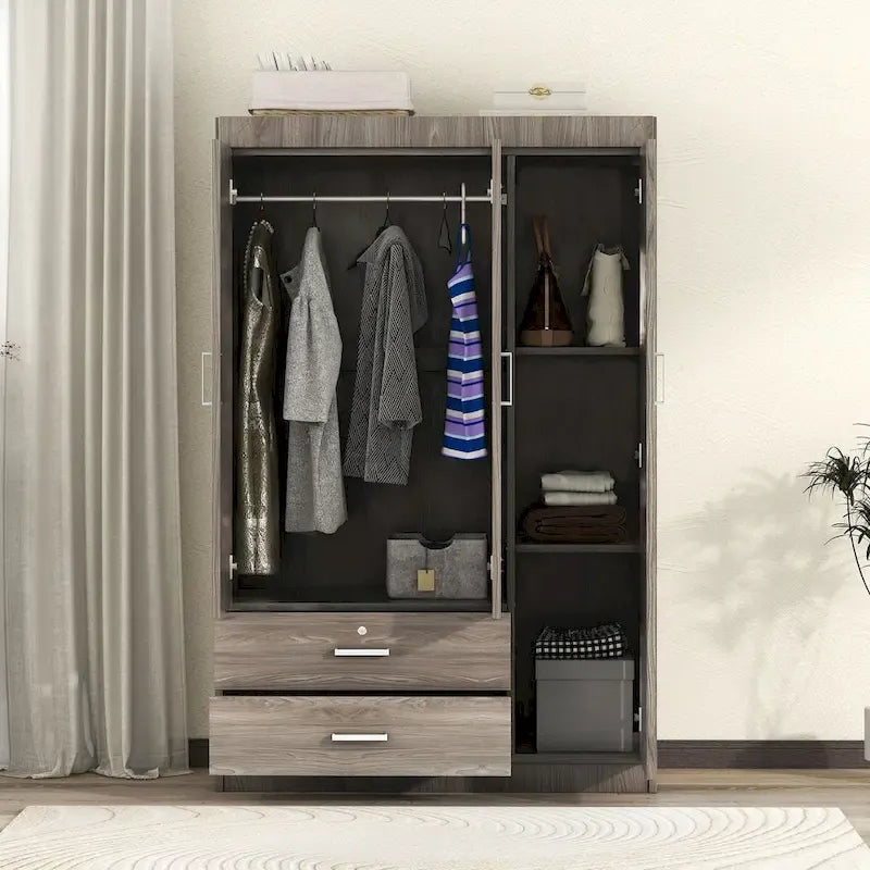 Armoire 3 portes avec 2 tiroirs, étagères et penderie – MDF blanc