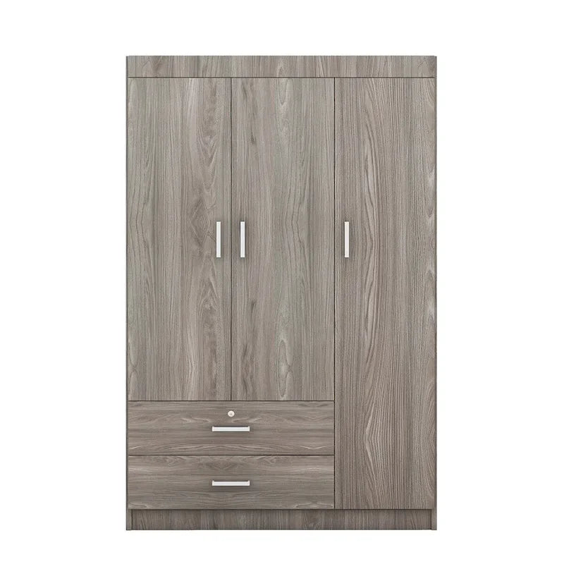 Armoire 3 portes avec 2 tiroirs, étagères et penderie – MDF blanc