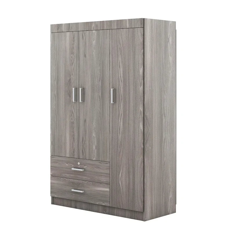 Armoire 3 portes avec 2 tiroirs, étagères et penderie – MDF blanc