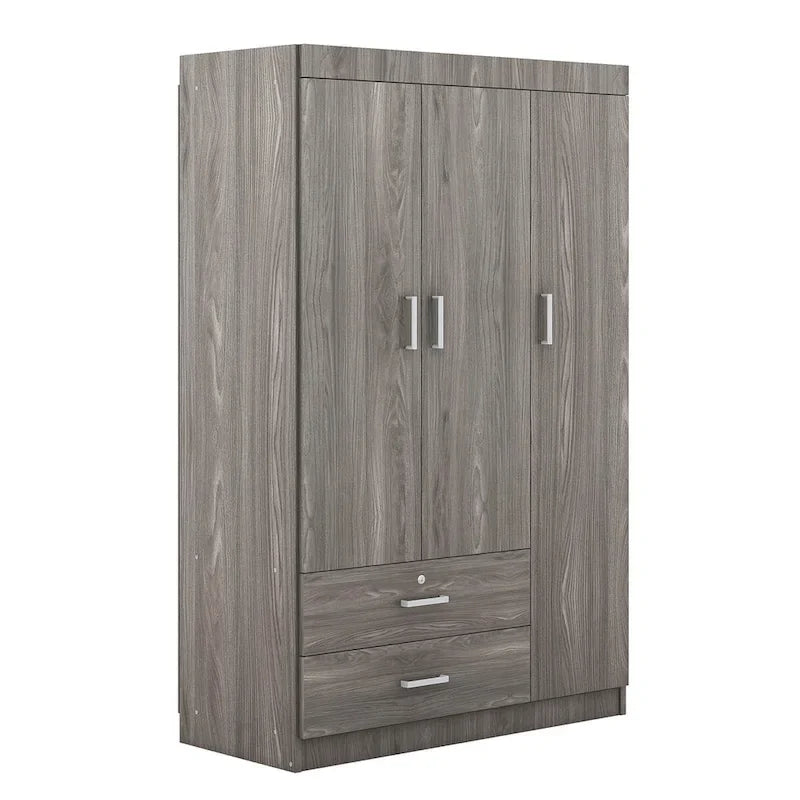 Armoire 3 portes avec 2 tiroirs, étagères et penderie – MDF blanc