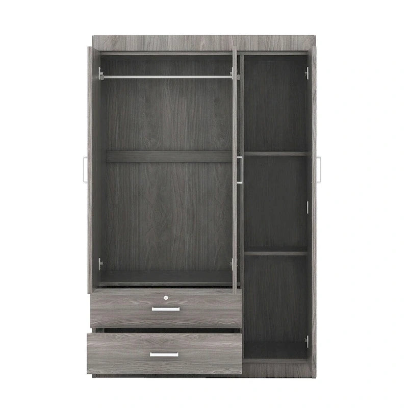 Armoire 3 portes avec 2 tiroirs, étagères et penderie – MDF blanc
