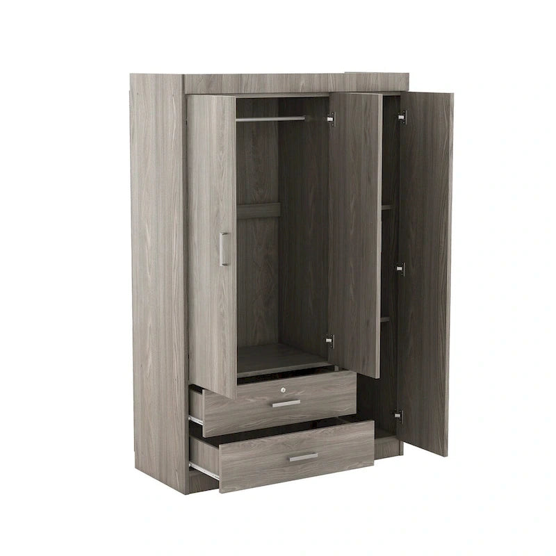 Armoire 3 portes avec 2 tiroirs, étagères et penderie – MDF blanc