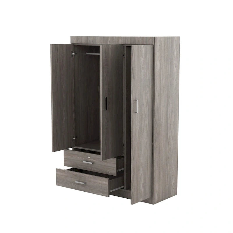 Armoire 3 portes avec 2 tiroirs, étagères et penderie – MDF blanc