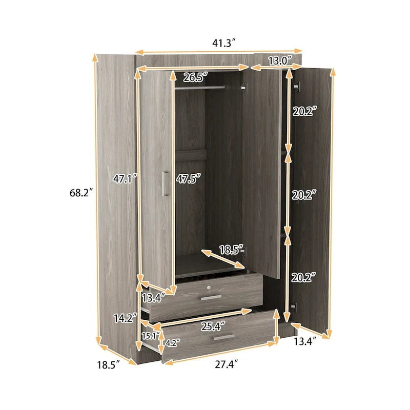 Armoire 3 portes avec 2 tiroirs, étagères et penderie – MDF blanc