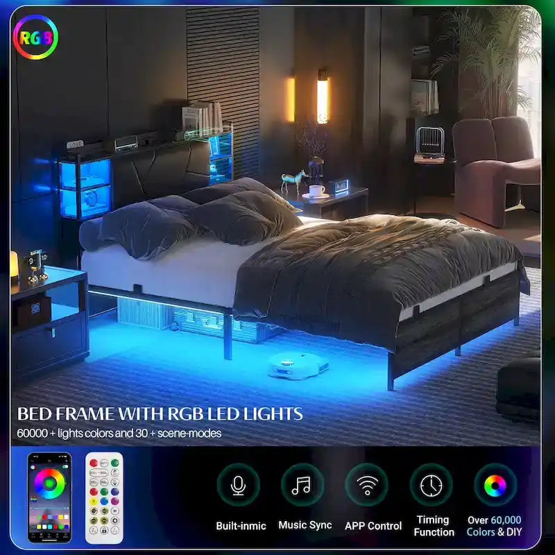 Cadre de lit avec rangement, tête de lit rembourrée, station de charge et lumières LED RGB