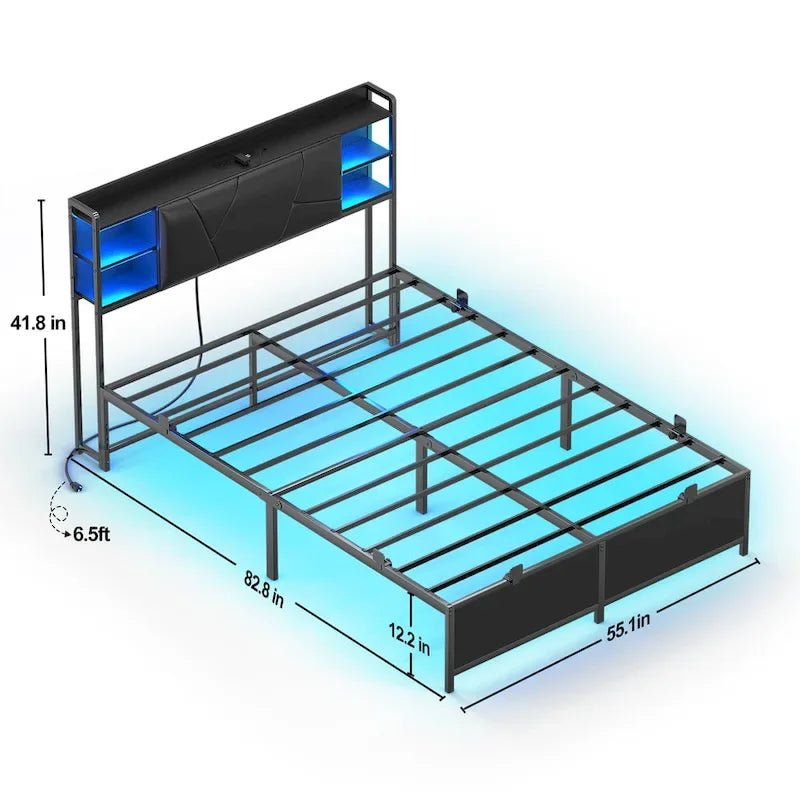 Cadre de lit avec rangement, tête de lit rembourrée, station de charge et lumières LED RGB