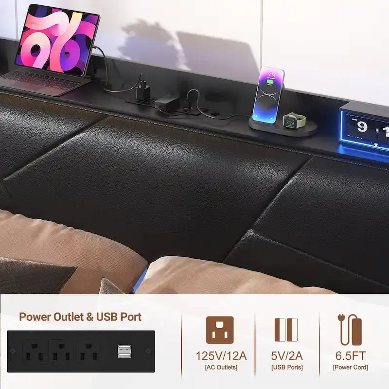 Cadre de lit avec rangement, tête de lit rembourrée, station de charge et lumières LED RGB