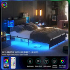 Cadre de lit avec rangement, tête de lit rembourrée, station de charge et lumières LED RGB