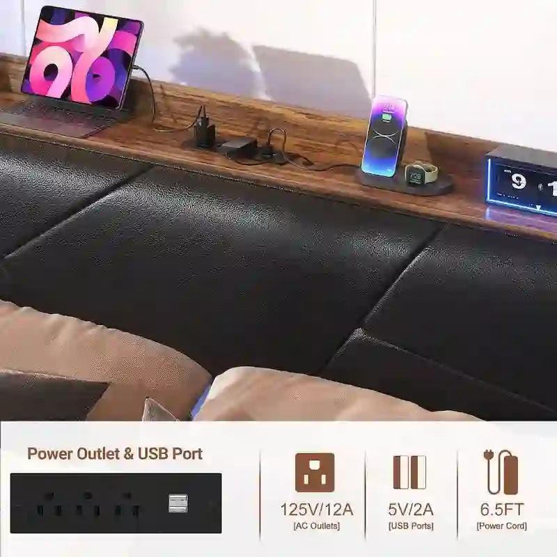 Cadre de lit avec rangement, tête de lit rembourrée, station de charge et lumières LED RGB