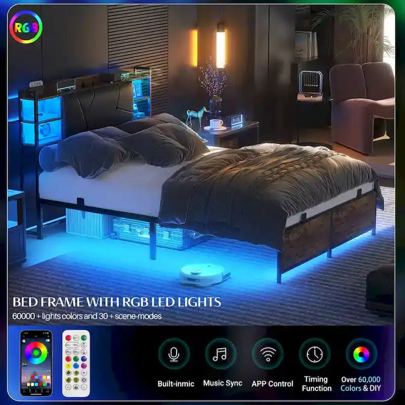 Cadre de lit avec rangement, tête de lit rembourrée, station de charge et lumières LED RGB