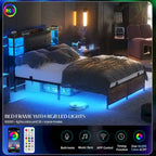 Cadre de lit avec rangement, tête de lit rembourrée, station de charge et lumières LED RGB