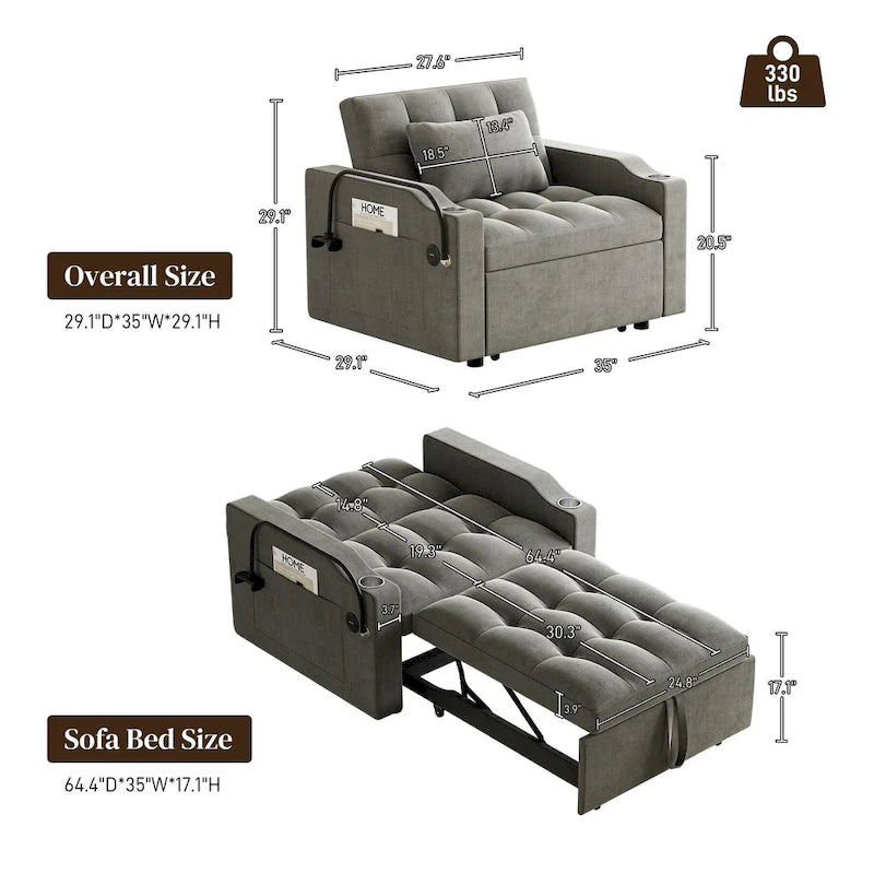 Canapé-lit convertible 3-en-1 avec port USB et porte-gobelet