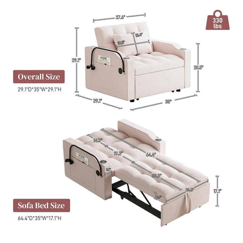 Canapé-lit convertible 3-en-1 avec port USB et porte-gobelet