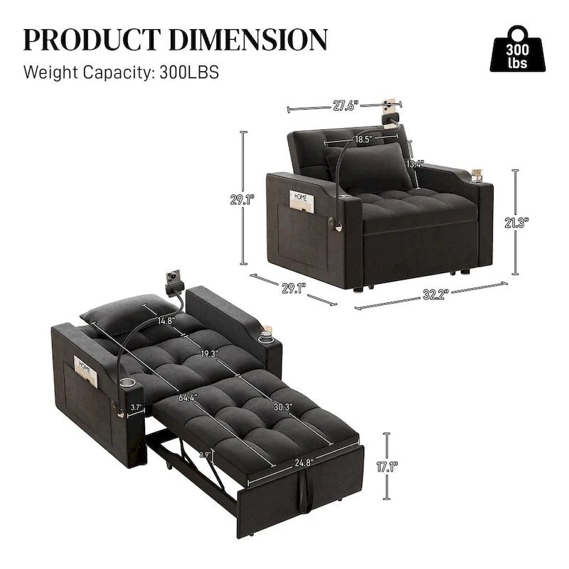 Canapé-lit convertible 3-en-1 avec port USB et porte-gobelet