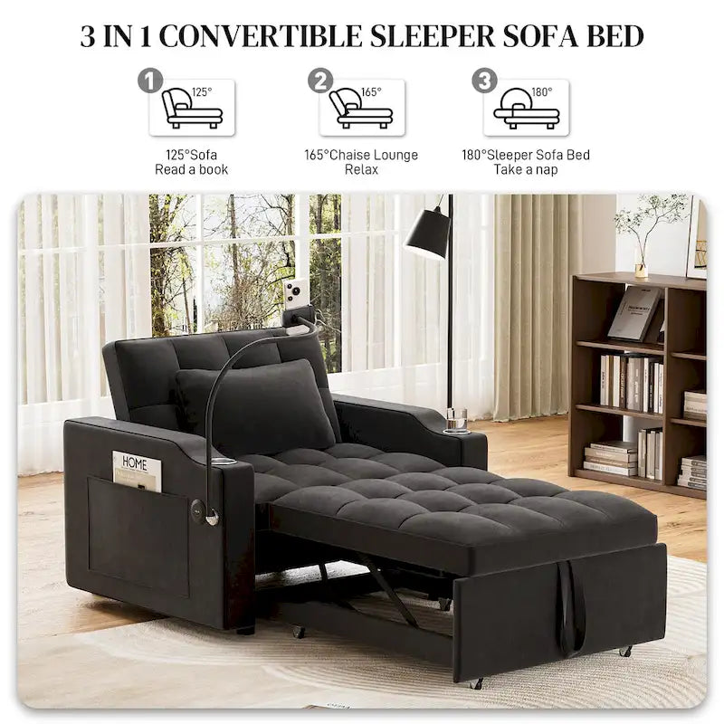 Canapé-lit convertible 3-en-1 avec port USB et porte-gobelet