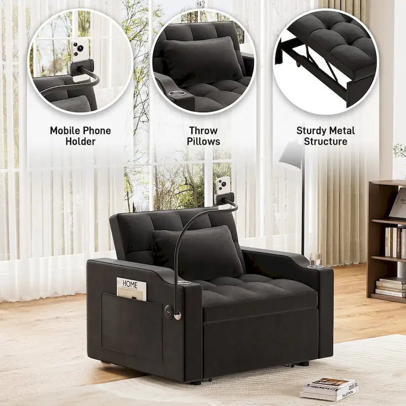 Canapé-lit convertible 3-en-1 avec port USB et porte-gobelet