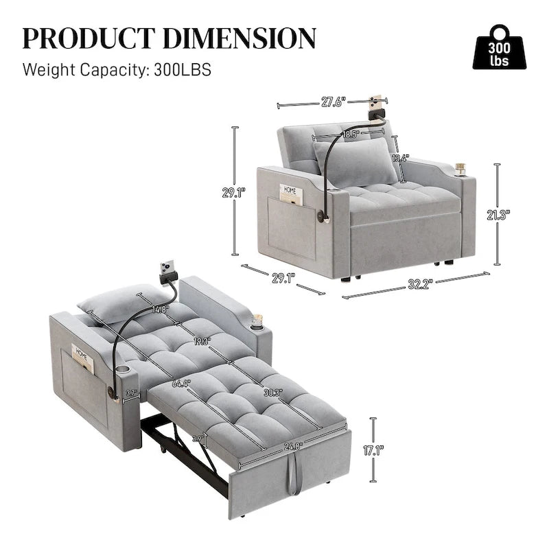 Canapé-lit convertible 3-en-1 avec port USB et porte-gobelet