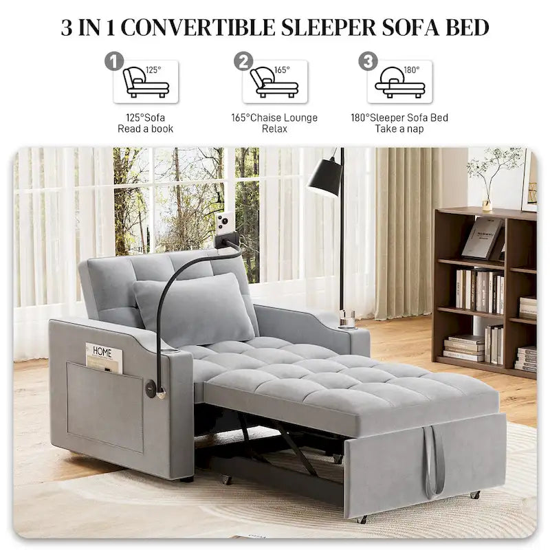 Canapé-lit convertible 3-en-1 avec port USB et porte-gobelet