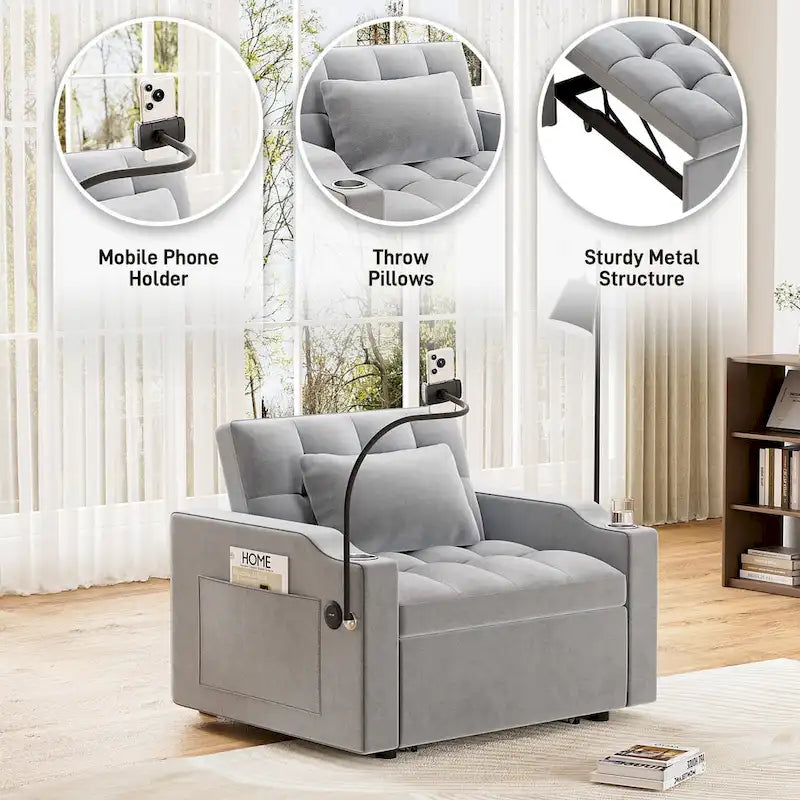 Canapé-lit convertible 3-en-1 avec port USB et porte-gobelet
