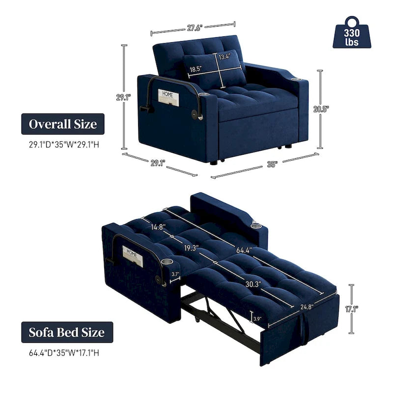Canapé-lit convertible 3-en-1 avec port USB et porte-gobelet