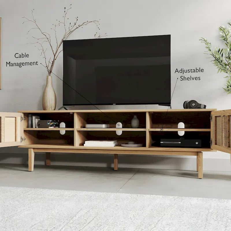 Meuble TV Chêne Pâle 180 cm avec poignées en Laiton Antique – Supporte les téléviseurs de 198 cm