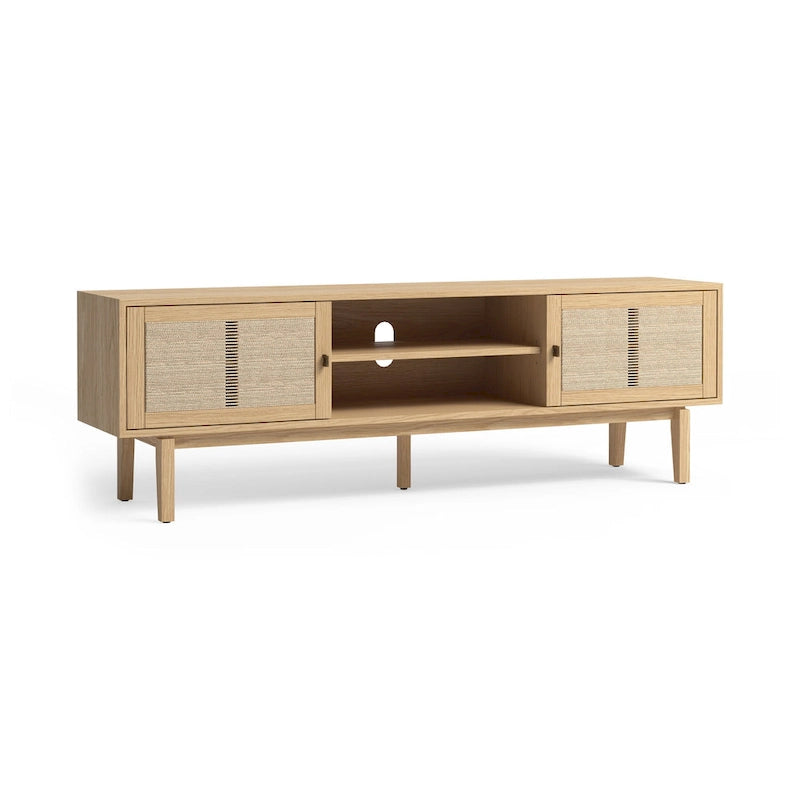 Meuble TV Chêne Pâle 180 cm avec poignées en Laiton Antique – Supporte les téléviseurs de 198 cm