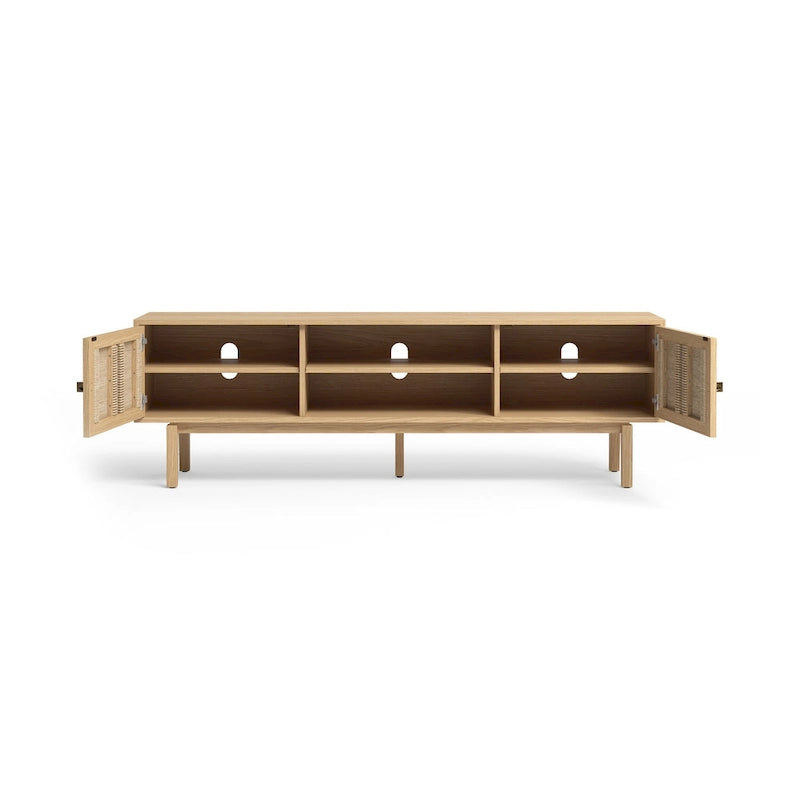 Meuble TV Chêne Pâle 180 cm avec poignées en Laiton Antique – Supporte les téléviseurs de 198 cm