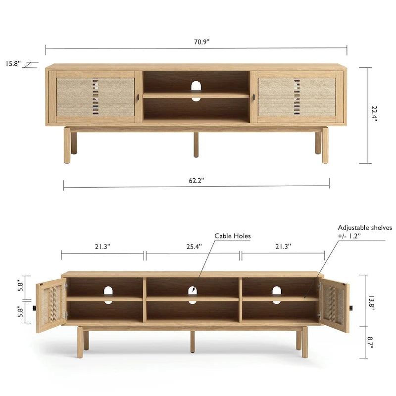 Meuble TV Chêne Pâle 180 cm avec poignées en Laiton Antique – Supporte les téléviseurs de 198 cm