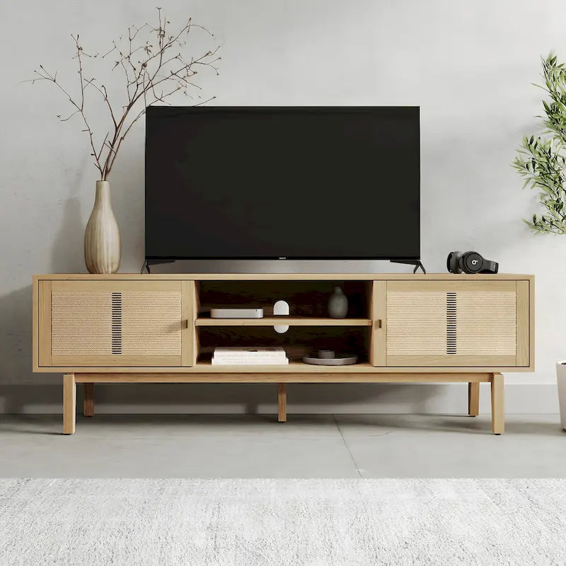 Meuble TV Chêne Pâle 180 cm avec poignées en Laiton Antique – Supporte les téléviseurs de 198 cm