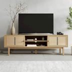 Meuble TV Chêne Pâle 180 cm avec poignées en Laiton Antique – Supporte les téléviseurs de 198 cm