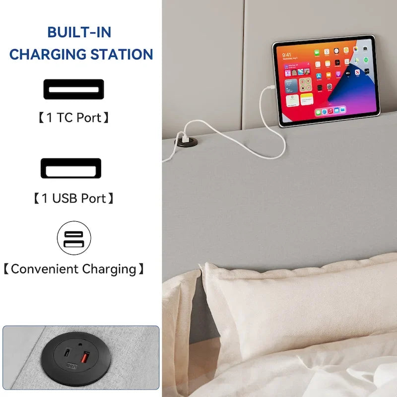 Cadre de lit de rangement à vérins hydrauliques avec ports USB/Type-C – 499 kg